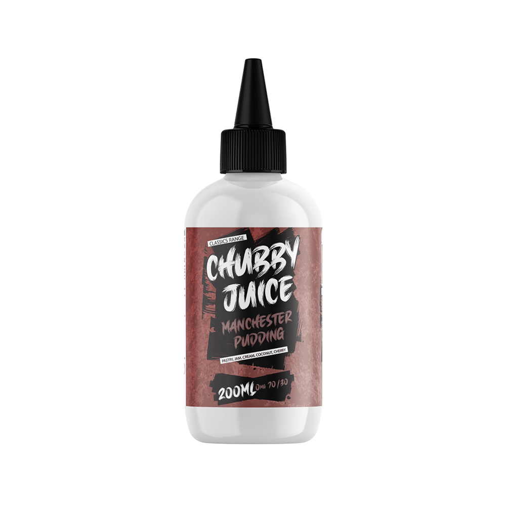 Chubby Juice Manchester Pudding 200ml shortfill bottle with a black nozzle cap.