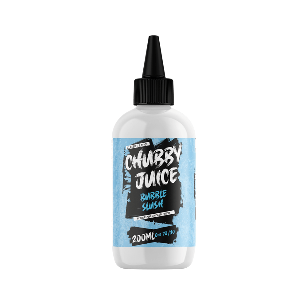 Chubby Juice Bubble Slush 200ml bottle with a blue label and black cap.