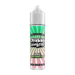 "Five Chubby Longfills e-liquid bottles displayed side by side, featuring flavours like Banana Ice, Blue Razz Lemonade, Blackcurrant Menthol, Blackberry Menthol, and Apple Watermelon, each with colourful, vibrant labels.