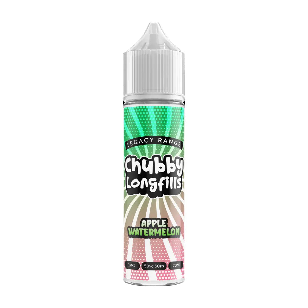 A Chubby Longfills e-liquid bottle from the Legacy Range, featuring Apple Watermelon flavour, with  20ml capacity.