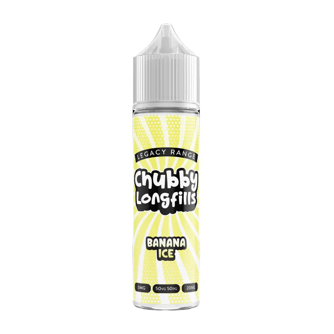 A Chubby Longfills e-liquid bottle from the Legacy Range, featuring Banana Ice flavour, with  20ml capacity.