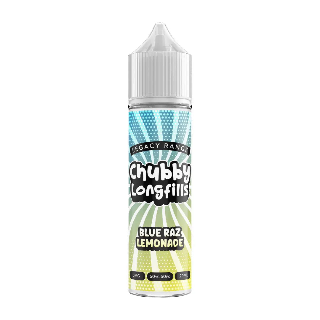 A Chubby Longfills e-liquid bottle from the Legacy Range, featuring Blue Razz Lemonade flavour, with  20ml capacity.