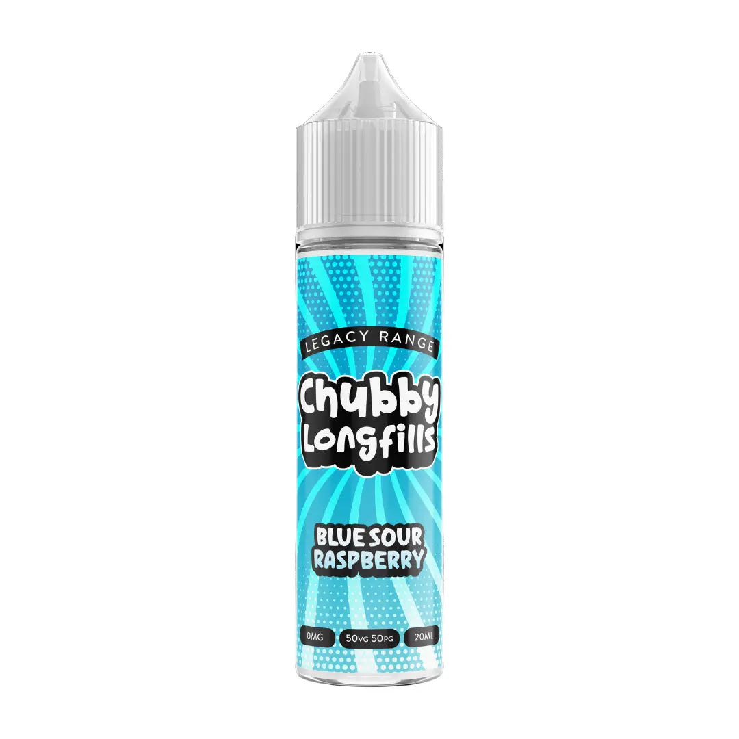 A Chubby Longfills e-liquid bottle from the Legacy Range, featuring Blue Sour Raspberry flavour, with  20ml capacity.