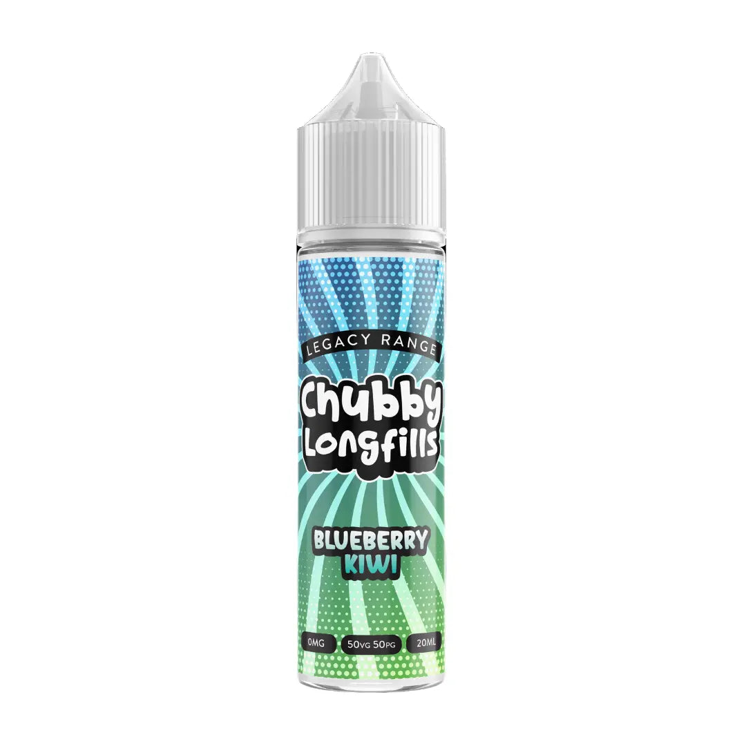 A Chubby Longfills e-liquid bottle from the Legacy Range, featuring Blueberry Kiwi flavour, with  20ml capacity.