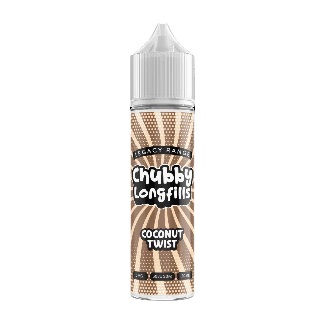 A Chubby Longfills e-liquid bottle from the Legacy Range, featuring Coconut Twist flavour, with  20ml capacity.