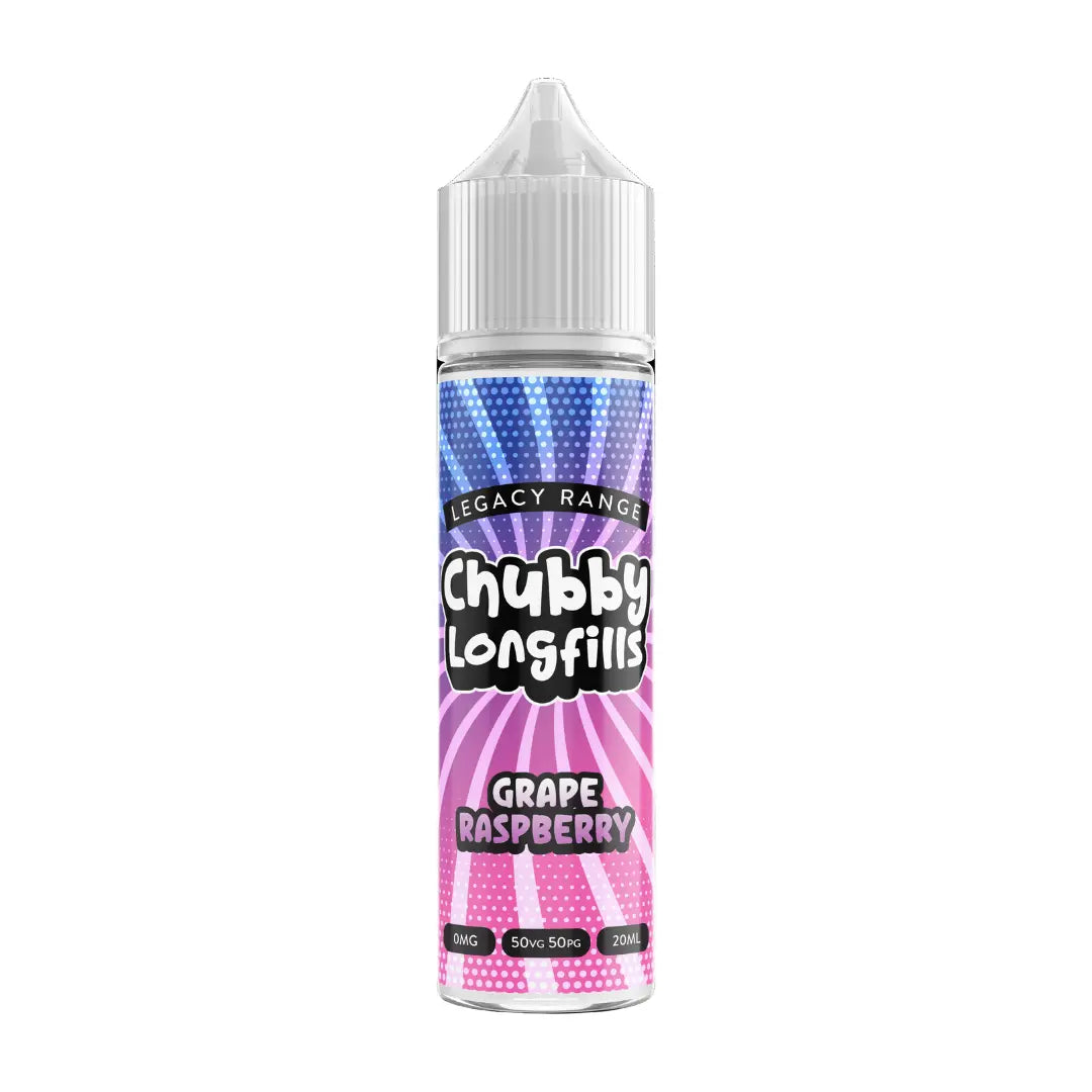 A Chubby Longfills e-liquid bottle from the Legacy Range, featuring Grape Raspberry flavour, with  20ml capacity.