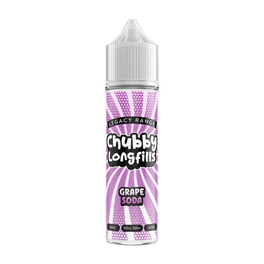 A Chubby Longfills e-liquid bottle from the Legacy Range, featuring Grape Soda flavour, with  20ml capacity.