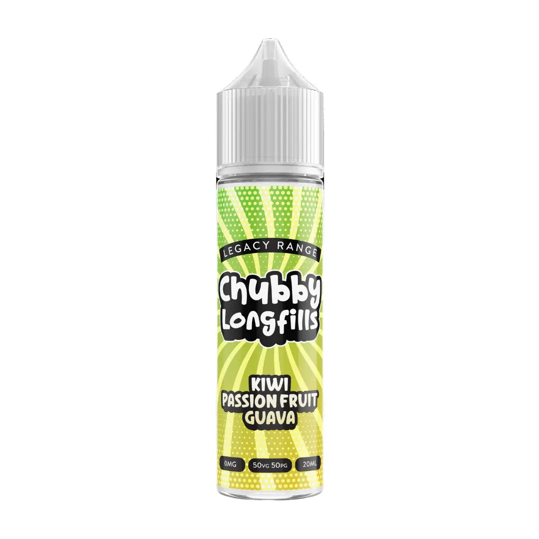 A Chubby Longfills e-liquid bottle from the Legacy Range, featuring Kiwi Passion fruit Guava flavour, with  20ml capacity.