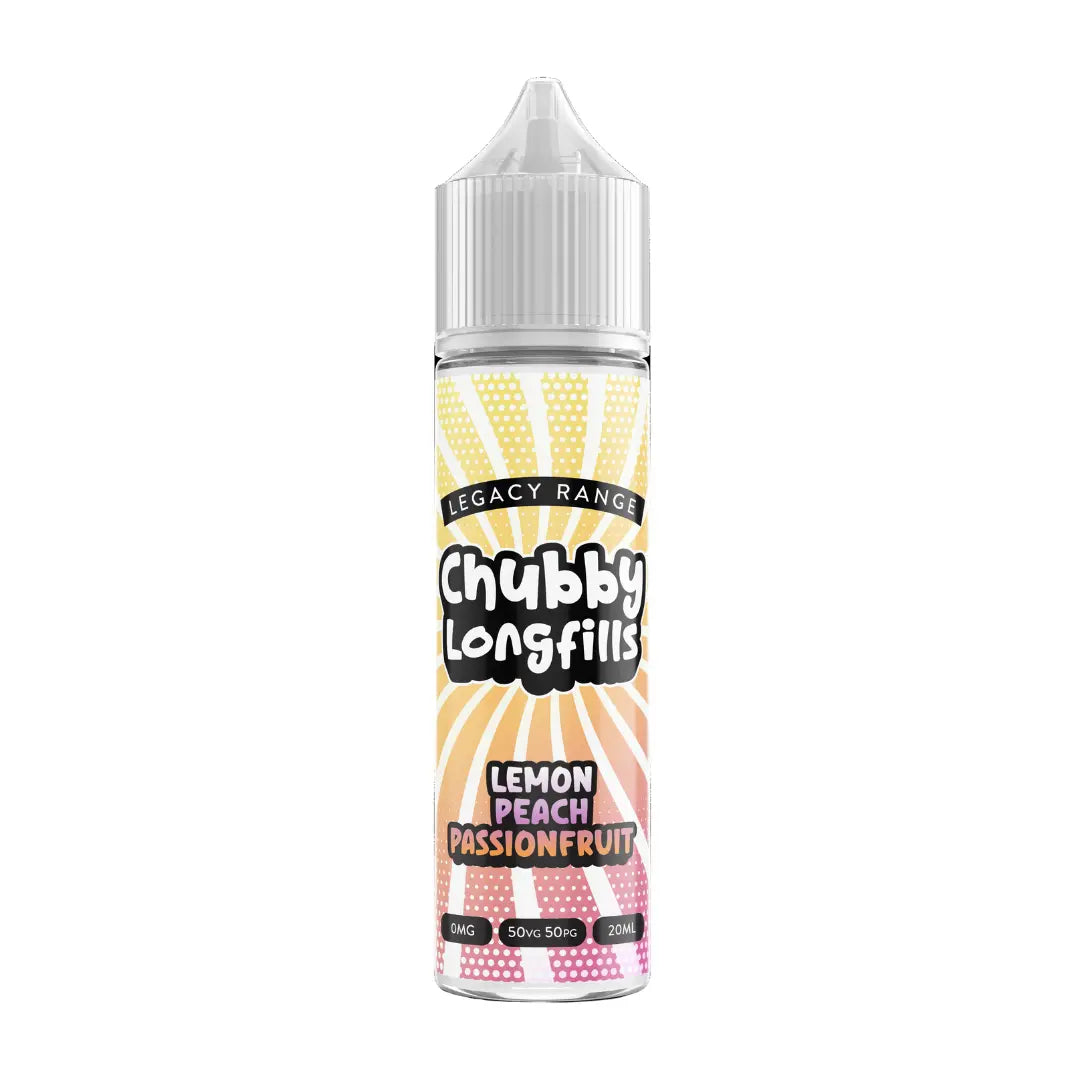 A Chubby Longfills e-liquid bottle from the Legacy Range, featuring Lemon Peach Passionfruit flavour, with  20ml capacity.