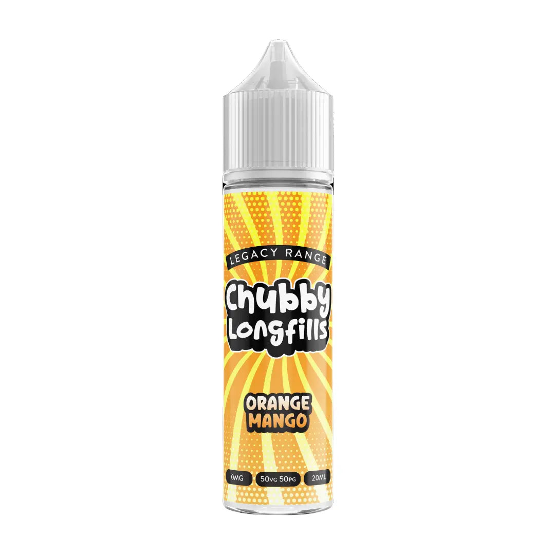 A Chubby Longfills e-liquid bottle from the Legacy Range, featuring Orange Mango flavour, with  20ml capacity.