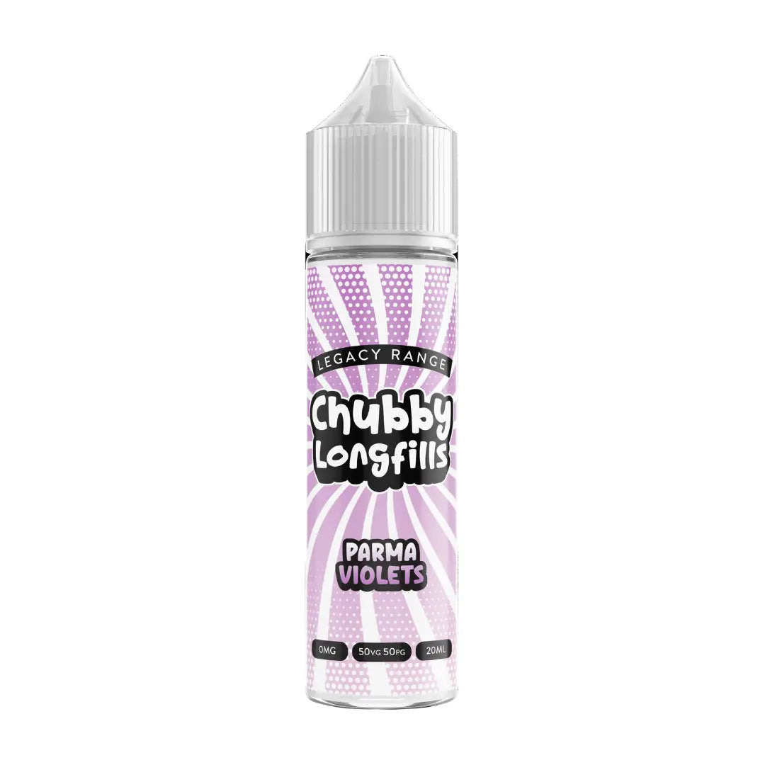 A Chubby Longfills e-liquid bottle from the Legacy Range, featuring Parma Violets flavour, with  20ml capacity.