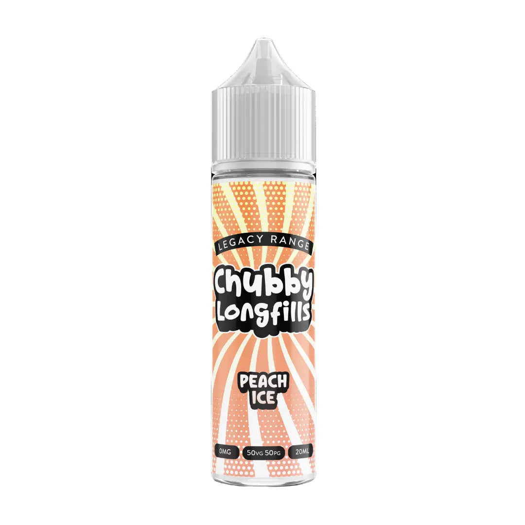 A Chubby Longfills e-liquid bottle from the Legacy Range, featuring Peach Ice flavour, with  20ml capacity.