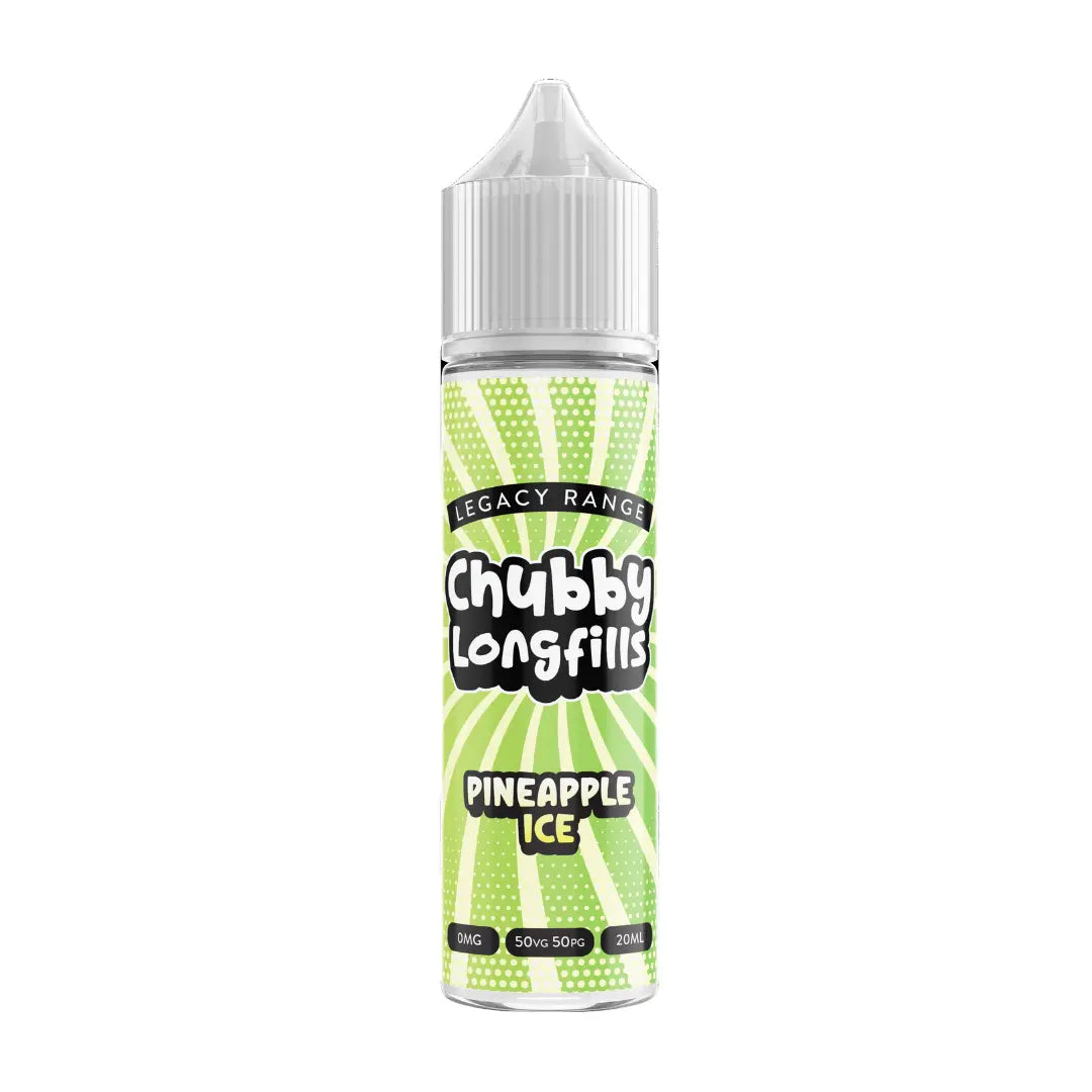 A Chubby Longfills e-liquid bottle from the Legacy Range, featuring Pineapple Ice flavour, with  20ml capacity.