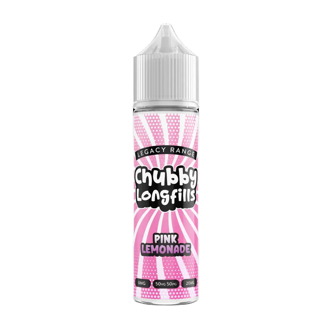 A Chubby Longfills e-liquid bottle from the Legacy Range, featuring Pink Lemonade flavour, with  20ml capacity.