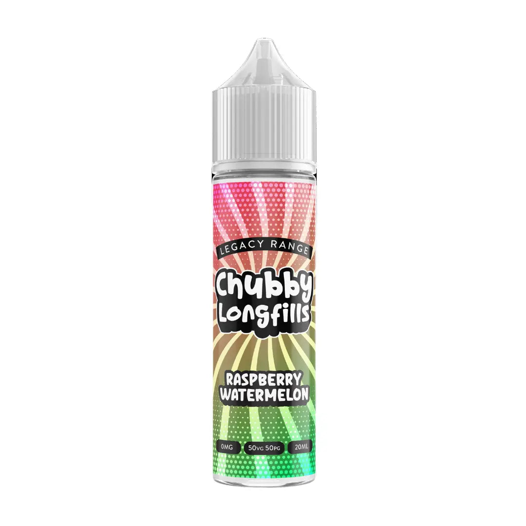 A Chubby Longfills e-liquid bottle from the Legacy Range, featuring Raspberry Watermelon flavour, with  20ml capacity.