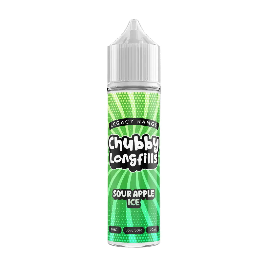 A Chubby Longfills e-liquid bottle from the Legacy Range, featuring Sour Apple Ice flavour, with  20ml capacity.