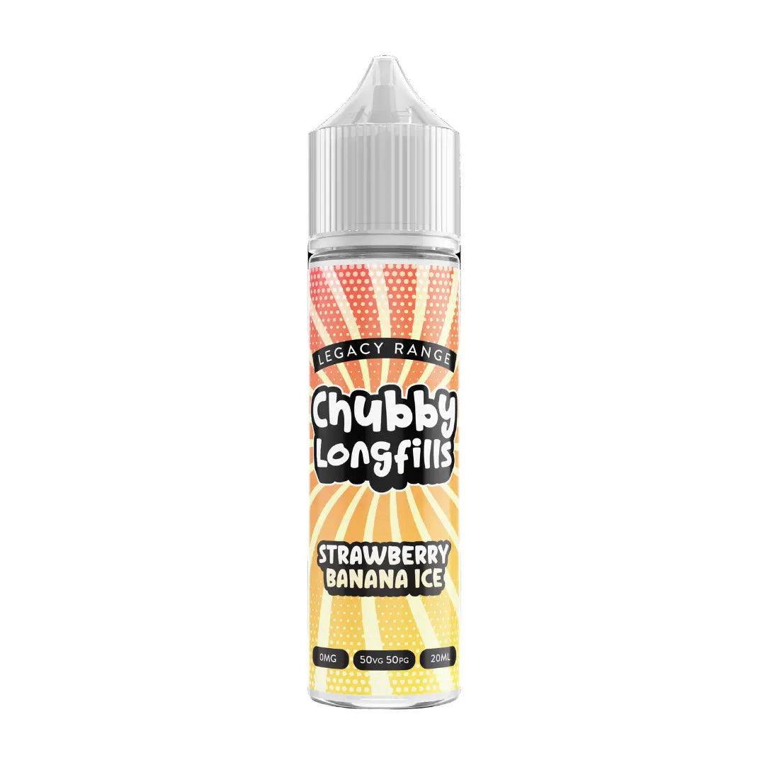 A Chubby Longfills e-liquid bottle from the Legacy Range, featuring Strawberry Banana Ice flavour, with  20ml capacity