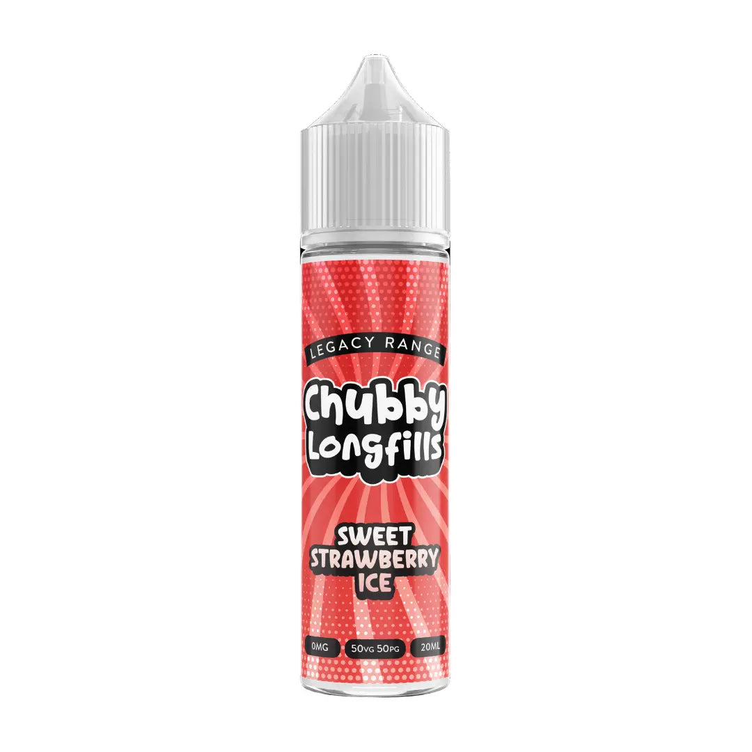 A Chubby Longfills e-liquid bottle from the Legacy Range, featuring Sweet Strawberry Ice flavour, with  20ml capacity.