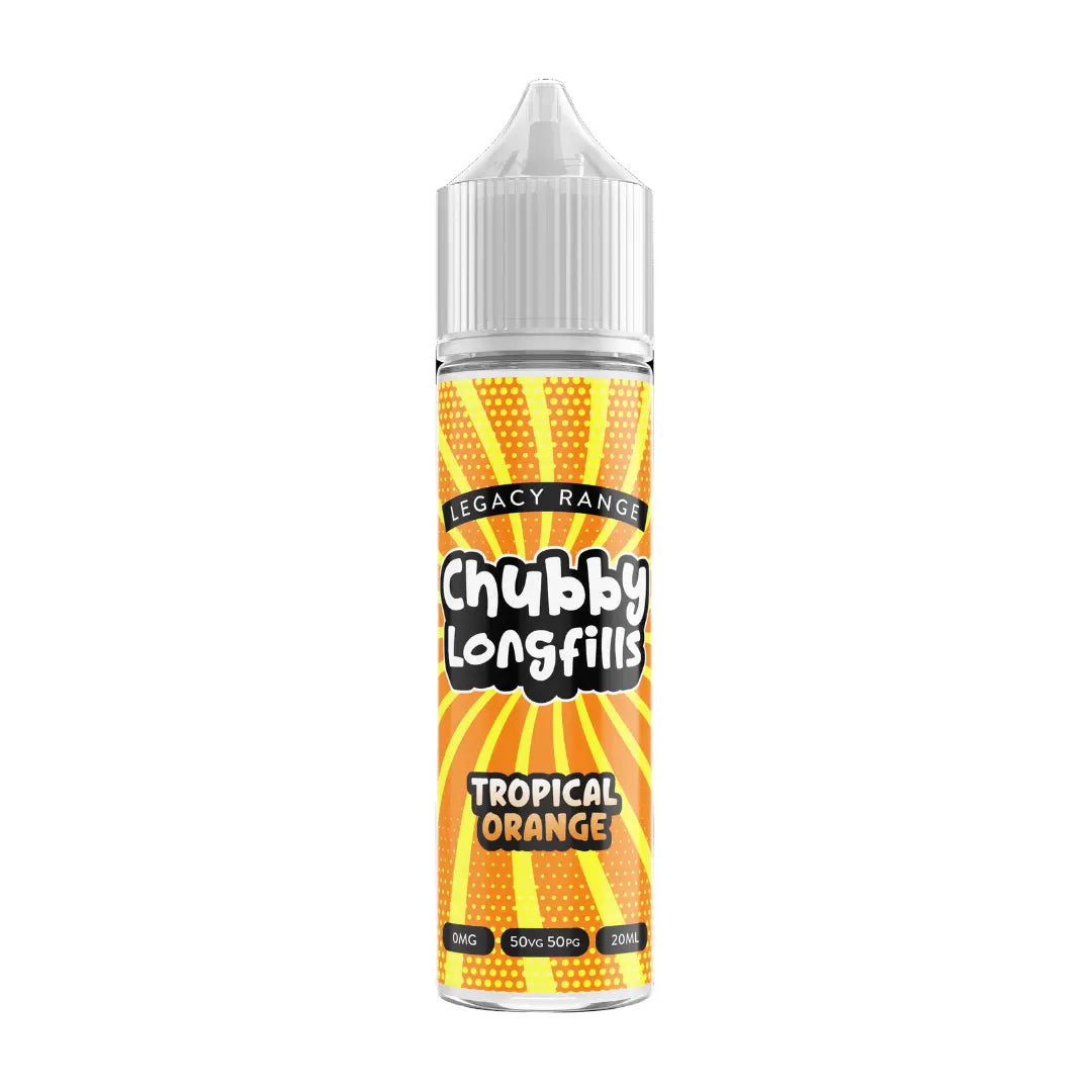 A Chubby Longfills e-liquid bottle from the Legacy Range, featuring Tropical Orange flavour, with  20ml capacity.