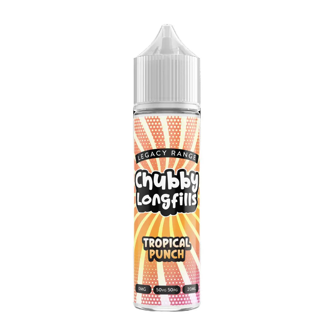 A Chubby Longfills e-liquid bottle from the Legacy Range, featuring Tropical Punch flavour, with  20ml capacity.