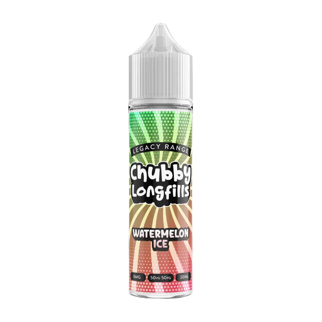 A Chubby Longfills e-liquid bottle from the Legacy Range, featuring Watermelon Ice flavour, with  20ml capacity.