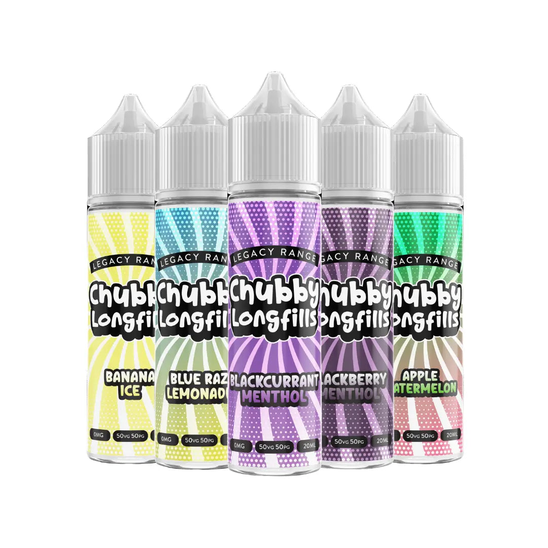 "Five Chubby Longfills e-liquid bottles displayed side by side, featuring flavours like Banana Ice, Blue Razz Lemonade, Blackcurrant Menthol, Blackberry Menthol, and Apple Watermelon, each with colourful, vibrant labels.