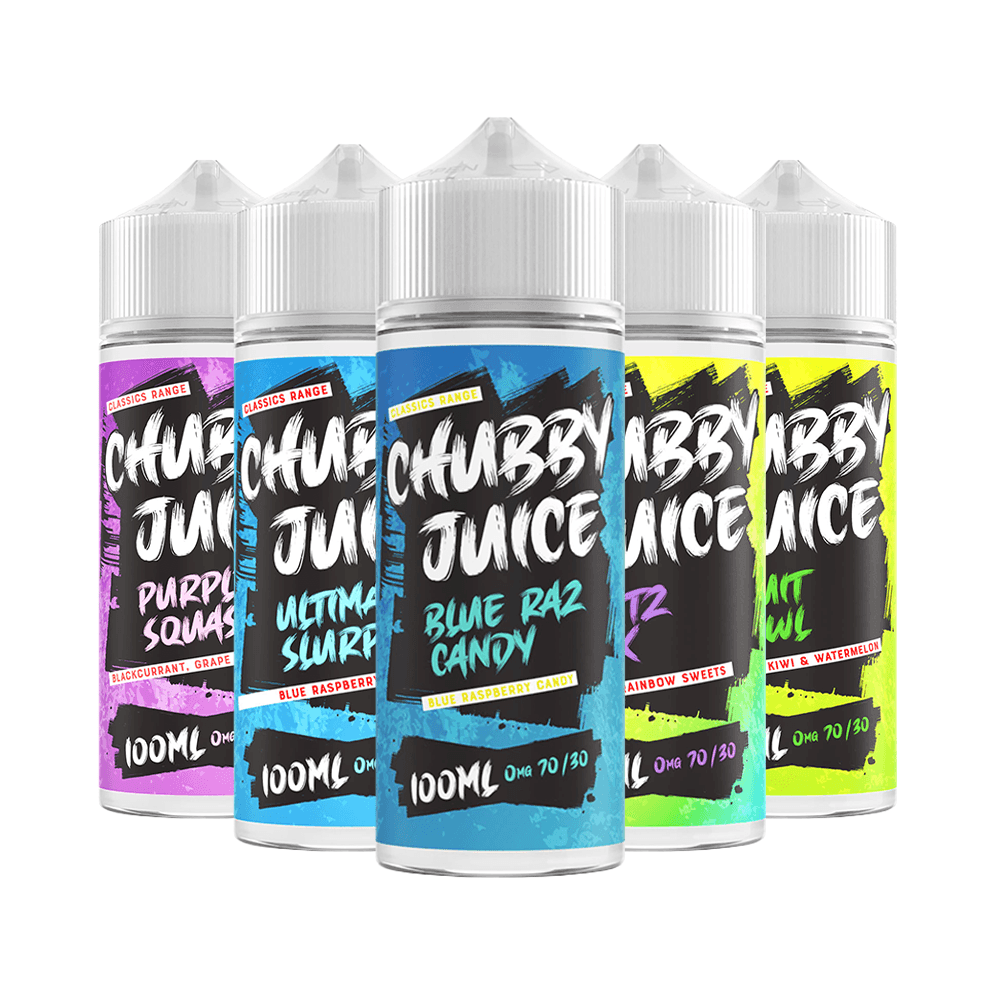 Five colourful Chubby Juice e-liquid bottles with vibrant labels and flavours.