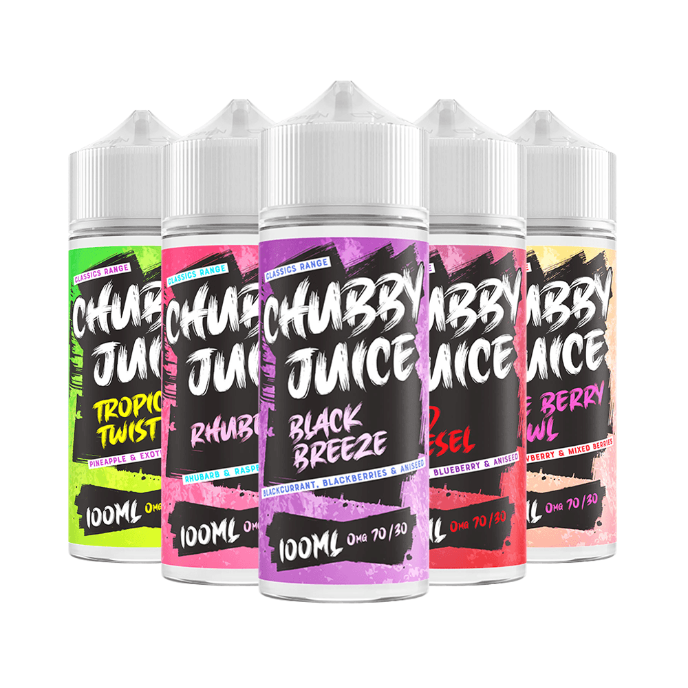 Five Chubby Juice Classics Ice 100ml bottles in various fruity flavours.