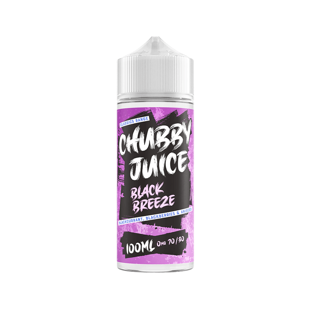 Chubby Juice Black Breeze 100ml bottle with purple label, featuring blackcurrant and anise.