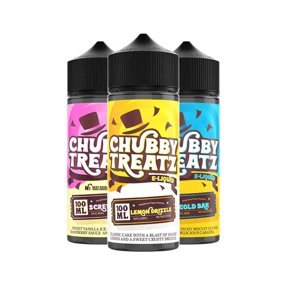 Three Chubby Treatz 100ml e-liquid bottles: Screw It, Lemon Drizzle, and Gold Bar flavours.