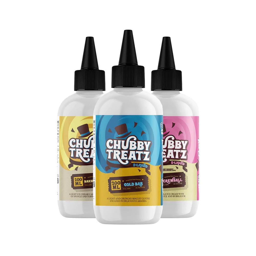 Three Chubby Treatz 200ml e-liquid bottles in diverse flavours.