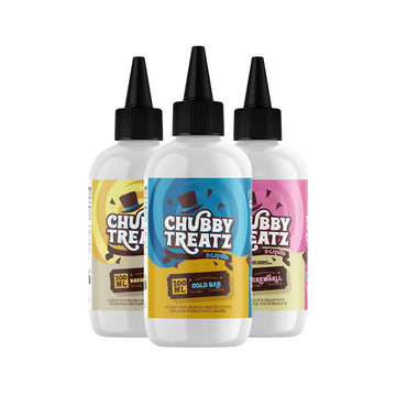 Three Chubby Treatz 200ml e-liquid bottles in diverse flavours.