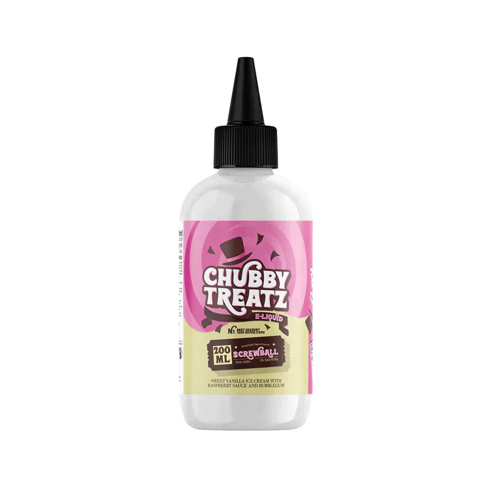 Chubby Treatz 200ml e-liquid bottle with pink label, featuring "Screwball" flavour.