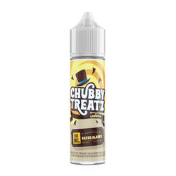 Three bottles of Chubby Treatz 60ml Longfill e-liquid displayed side by side. Each bottle has a colourful design representing its flavour. The left bottle has a yellow theme and is labeled "Lemon Drizzle," the middle one has a pink theme labeled "Screwball," and the right bottle has a blue theme labeled "Gold Bar." Each flavour is clearly marked with a description at the bottom, and the bottles have grey caps with 20ml e-liquid capacity indicators.