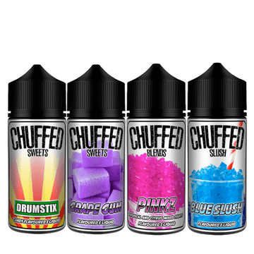 Four Chuffed e-liquid bottles: Drumstix, Grape Gum, Pinkz, and Blue Slush flavours.