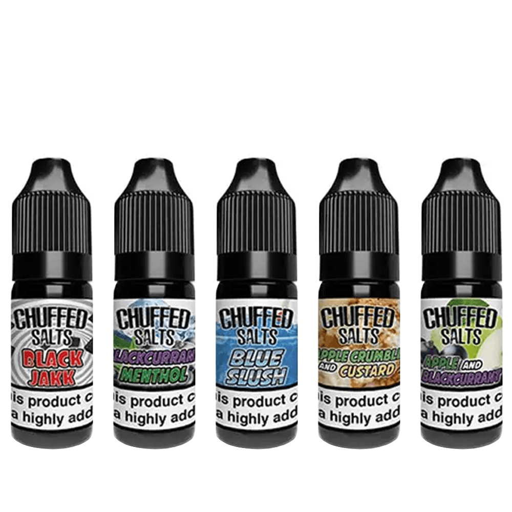 Five Chuffed Salts vape bottles in various flavours, lined up in a row.