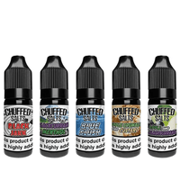 Five Chuffed Salts vape bottles in various flavours, lined up in a row.