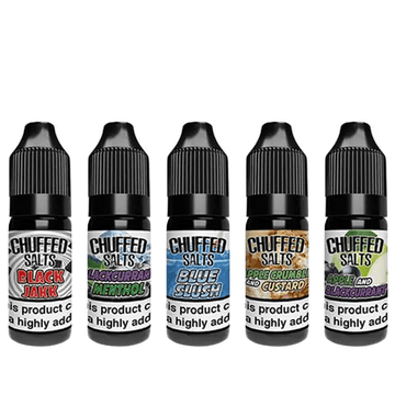 Five Chuffed Salts vape bottles in various flavours, lined up in a row.