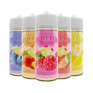 Five bottles of Clotted Dreams vape juice with various fruit flavours.