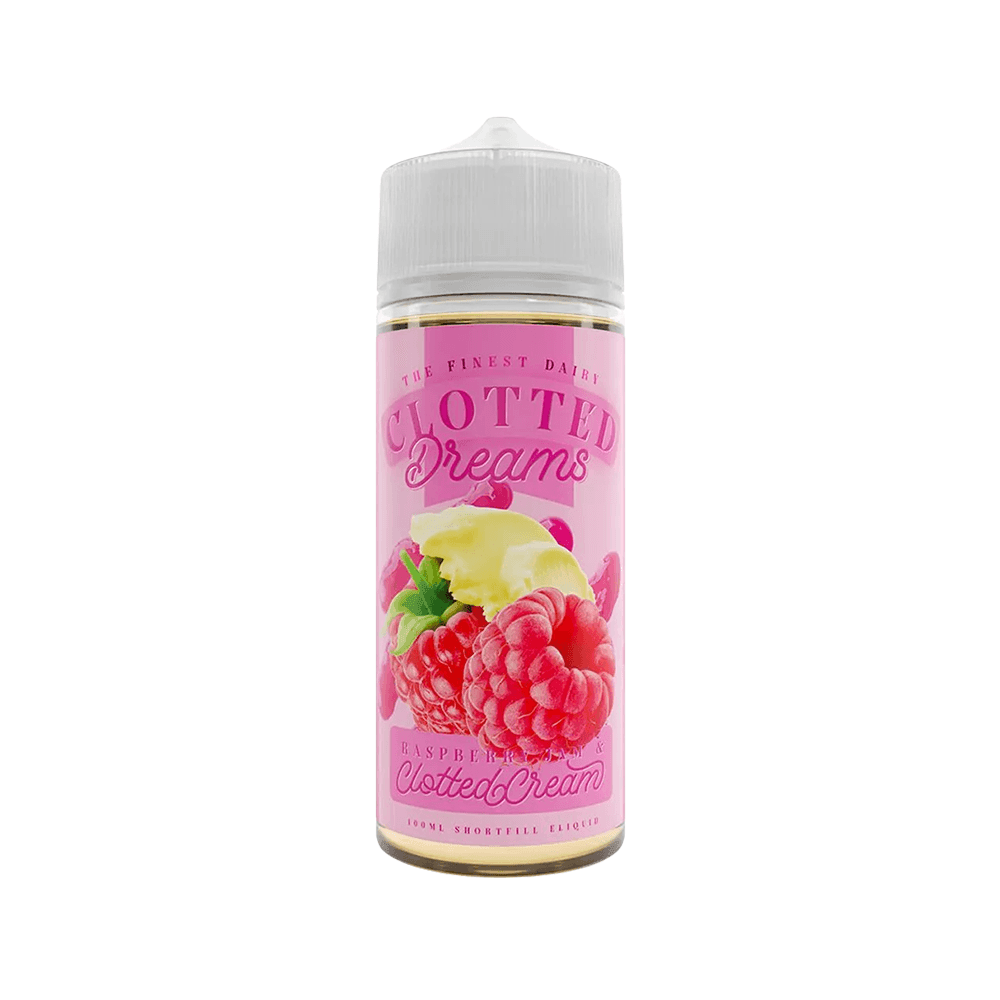 Pink vape juice bottle with raspberries and clotted cream design on the label.