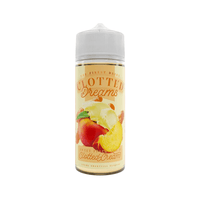 Clotted Dreams vape juice bottle with peach and clotted cream design, 100ml shortfill.