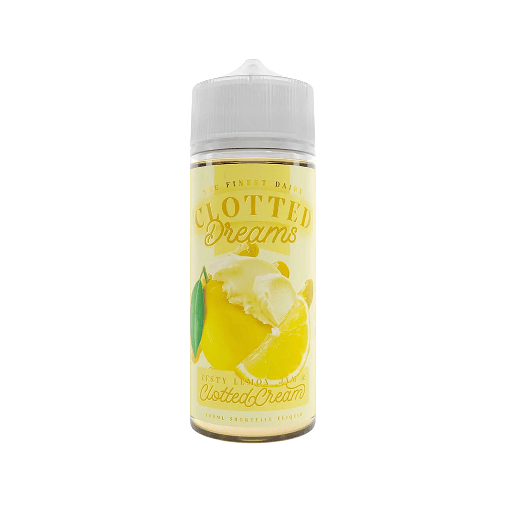 Clotted Dreams vape juice bottle with lemon and cream design.