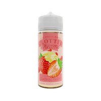 Clotted Dreams vape juice bottle with strawberries and cream design.