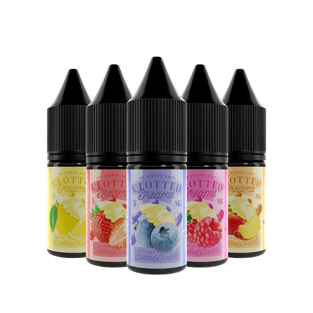 Five Clotted Dreams e-liquid bottles with fruit flavours, including lemon and blueberry.