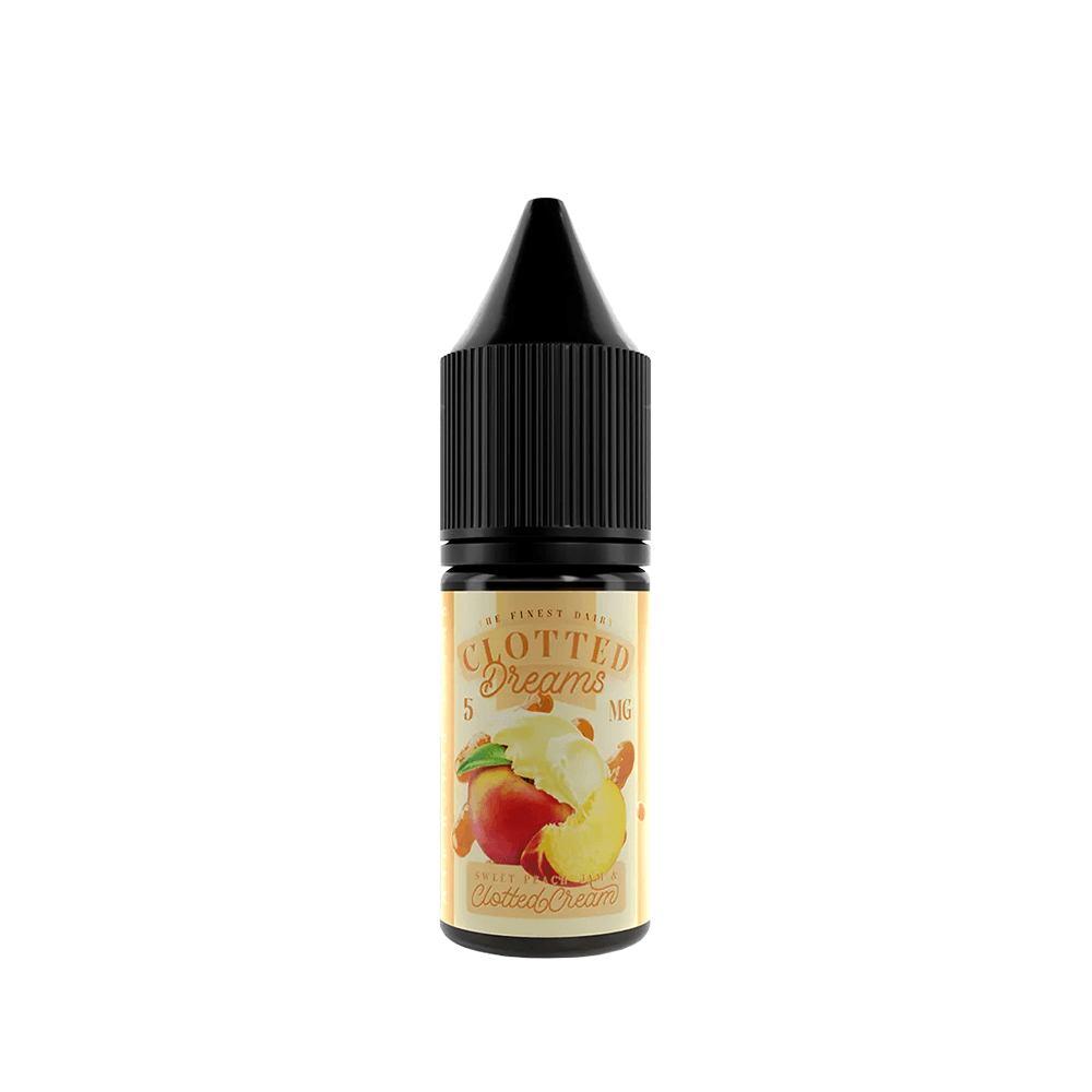 Vape juice bottle with a fruity label design, "Clotted Dreams," 10ml, 5mg nicotine strength.