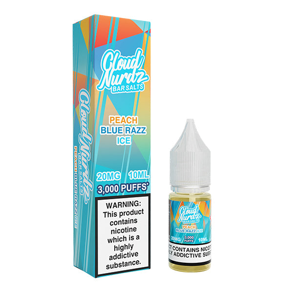 Cloud Nurds Peach Blue Razz Ice 10ml nic salt bottle and box with bold branding.