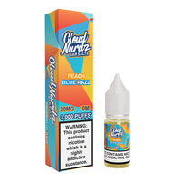 Cloud Nurdz Peach Blue Razz 10ml nic salt bottle and packaging, 20mg nicotine strength.