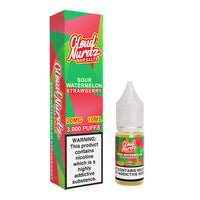 Cloud Nurdz Sour Watermelon Strawberry 10ml nic salt bottle and box, 20mg strength, 3000 puffs.