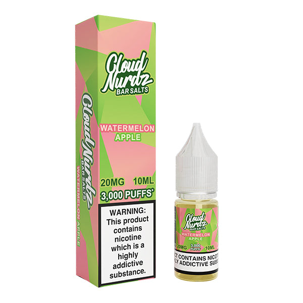 Cloud Nurdz Watermelon Apple 10ml nic salt bottle and box with warning label.