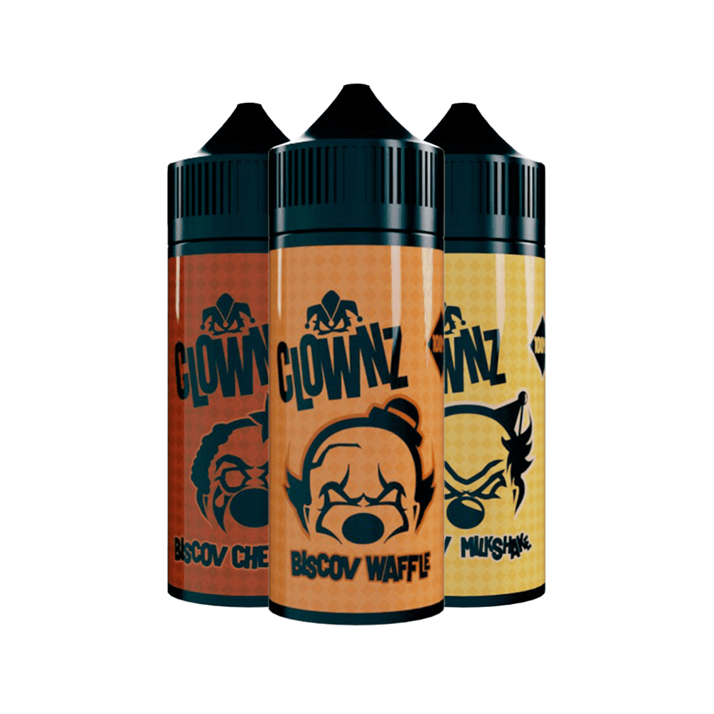 Three Clownz vape juice bottles: Biscoff Cheesecake, Biscoff Waffle, and Biscoff Milkshake.